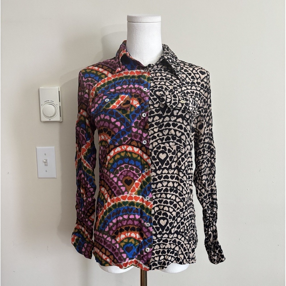 Anthropologie Farm Rio Mixed Print Heart Button Up Shirt XXS XS Funky Boho Cute